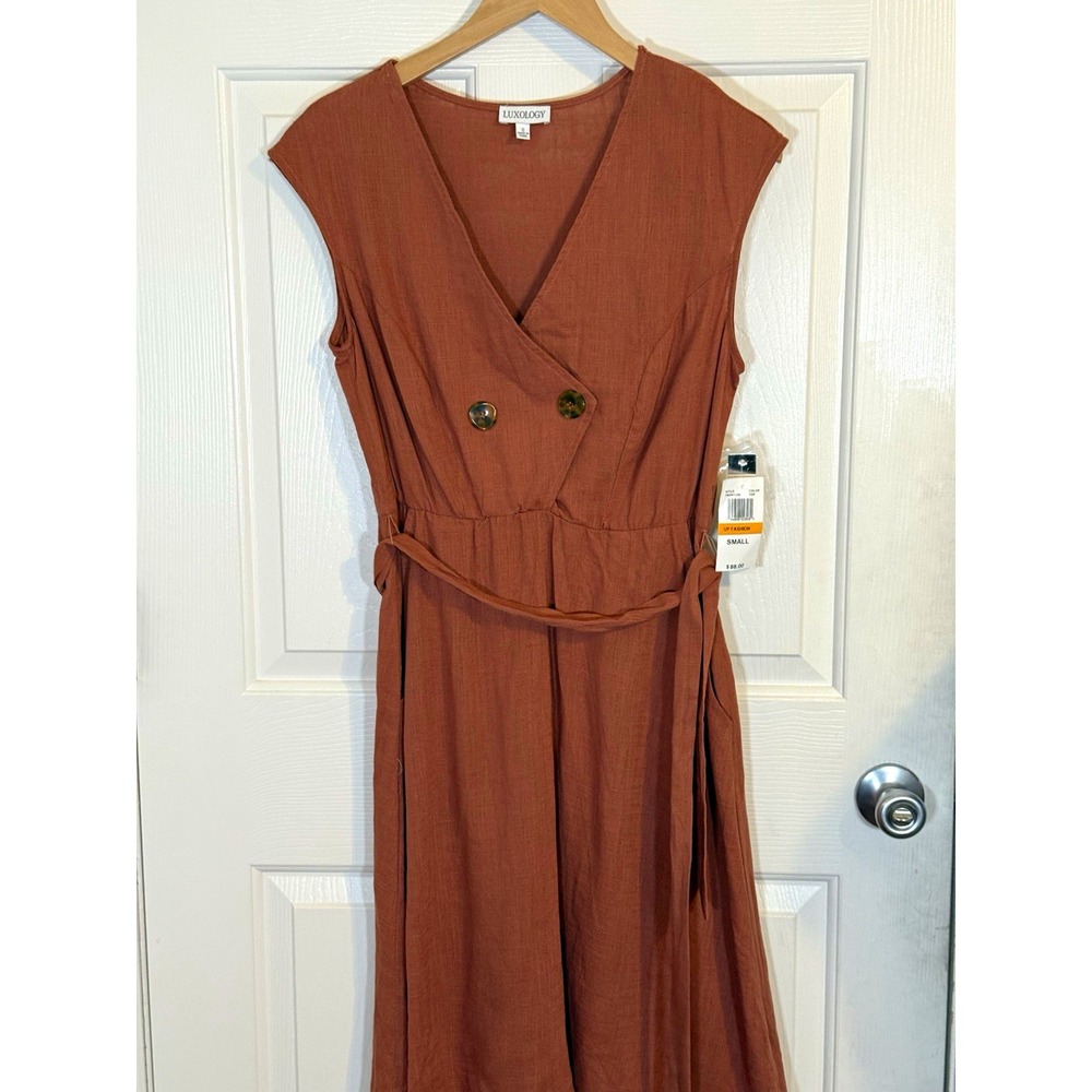 Luxology Terracotta Linen Blend Midi Dress Size S Sleeveles V-Neck pockets NWT